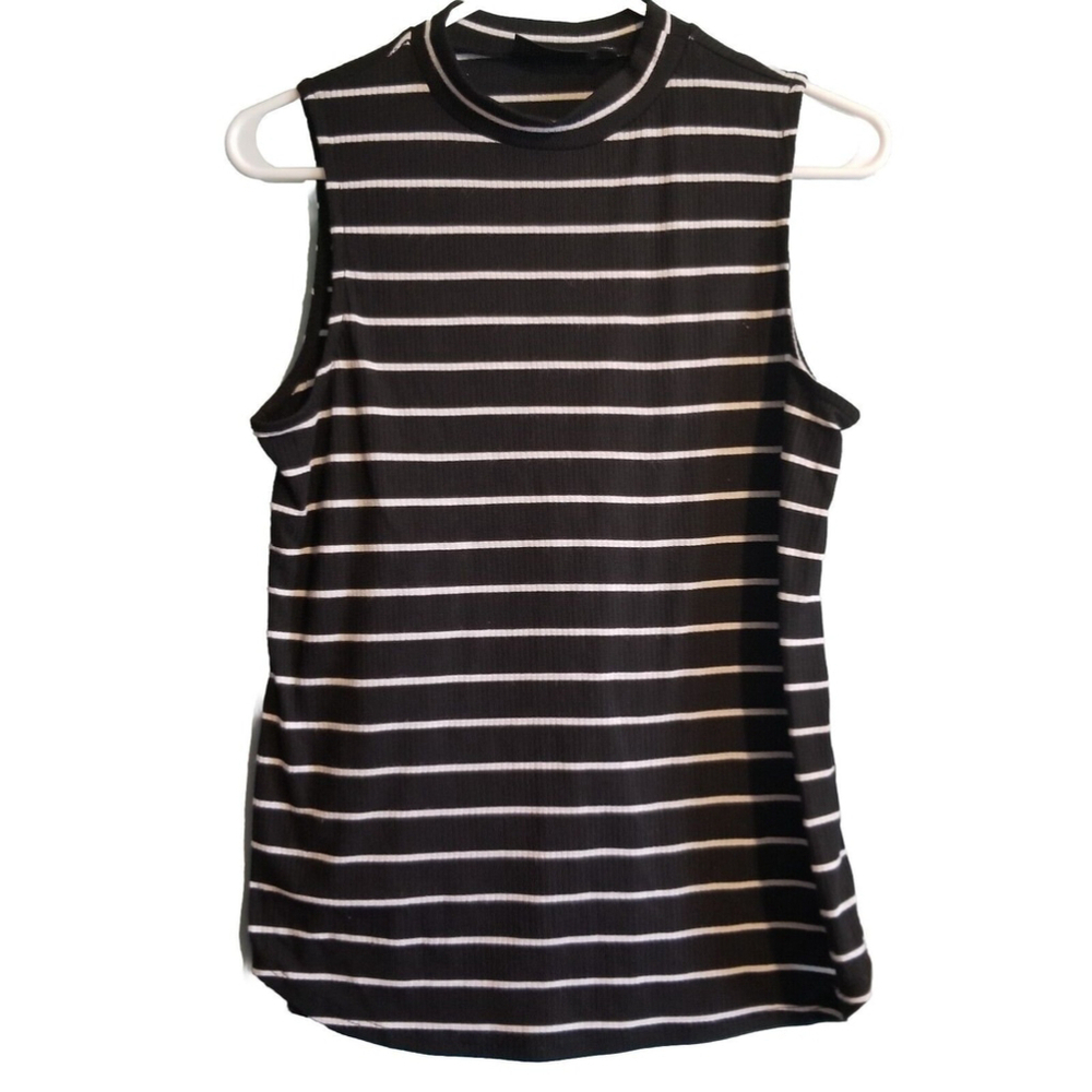 Apt 9 Blouse Womens Crew Neck Black White Striped Petite Medium
